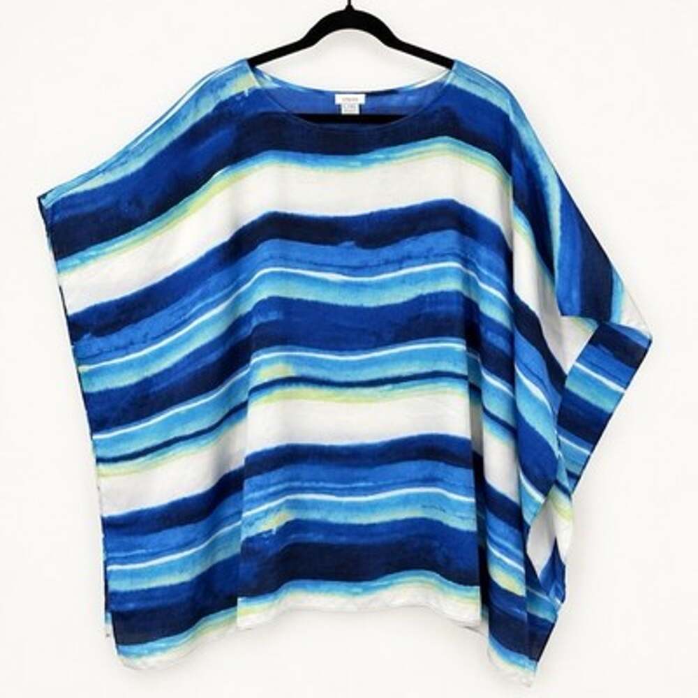 Chicos Kimono Top L/XL Blue Green Silky Boxy Dolman 3/4 Sleeve Popover Resort
